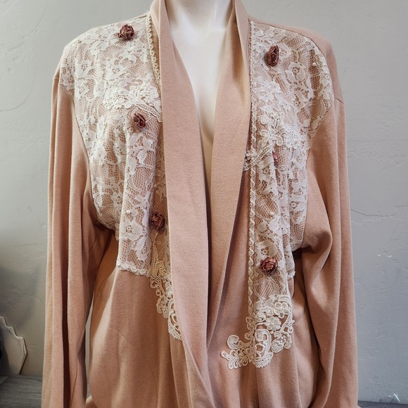 Lacy Afternoon by Shell Kepler Sweaters - Vintage Lacy Afternoon Shell Kepler Lace Rosette Cardigan Peach Plus Size 1X